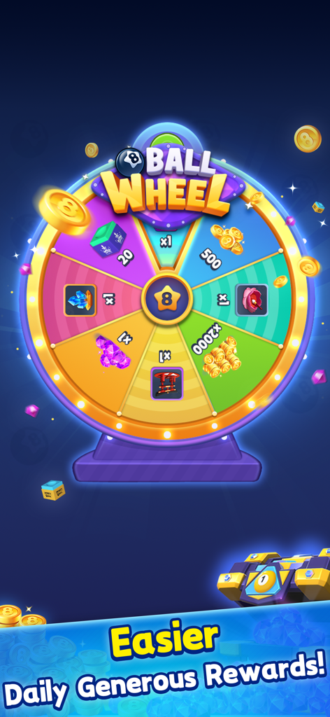 Infinity 8 Ball™ Pool King - Una rueda de premios en Infinity 8 Ball Pool King que muestra varias recompensas diarias como monedas y gemas