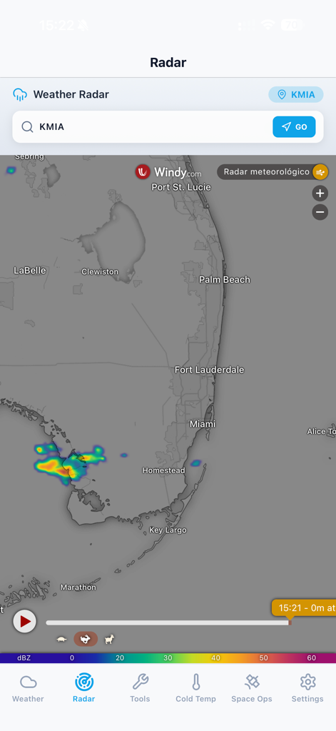 SkyPilot Pro aviation weather radar screen displaying precipitation levels over Miami Florida