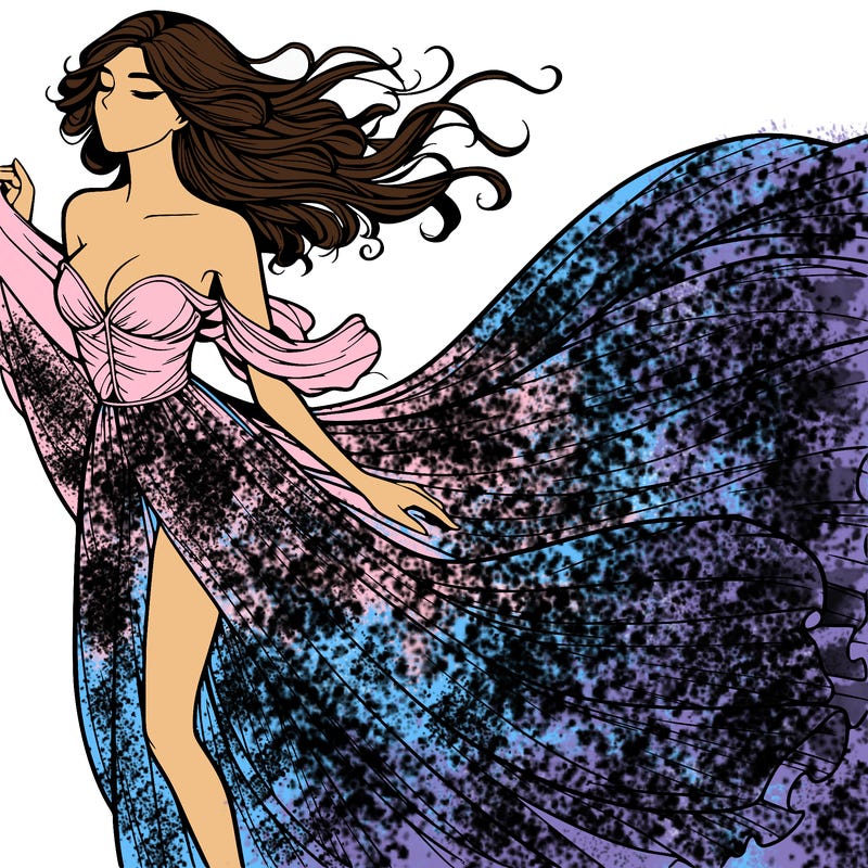 realistic woman in dress flowing the the wind