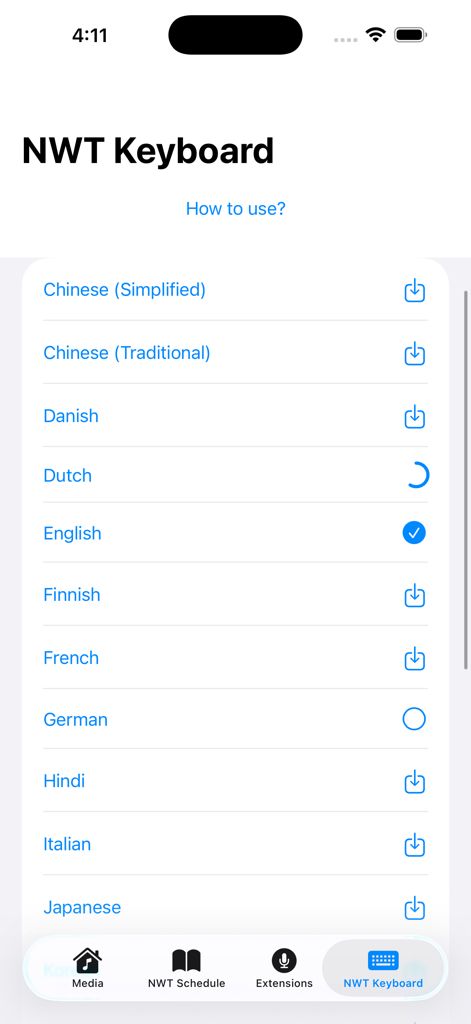 NWT Keyboard language selection and download screen in the JWX app