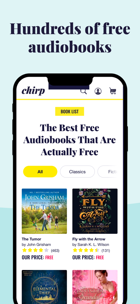 Smartphone-Bildschirm, der die Chirp-App-Oberfläche mit einer Liste kostenloser Hörbücher, einschließlich Bestsellern, zeigt.