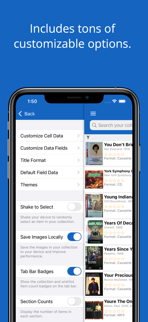 iCollect Music: Vinyl Discogs - Interfaz de la app iCollect Music mostrando varias opciones de personalización y una lista de álbumes catalogados