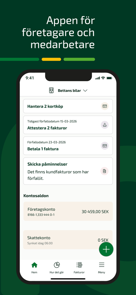 Fortnox mobile app dashboard showing financial tasks and account balances for small business owners