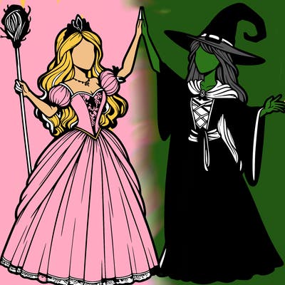 detailed realistic split of a princess and a witch