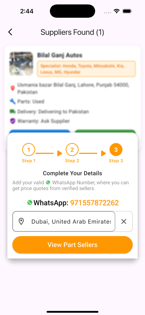 Um ecrã móvel da aplicação Partfinder mostrando um passo para introduzir um número de WhatsApp para contactar fornecedores de peças automóveis.