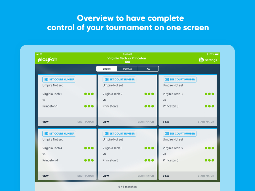 PlayFair by PlaySight - A tournament overview screen on an iPad within the PlayFair app showing multiple ongoing tennis matches