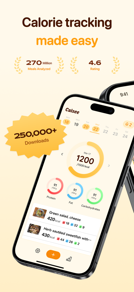 Calsee app interface showing daily calorie progress and macro nutrients tracking