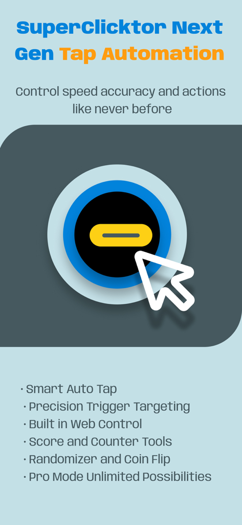 Tự động click : Tự động bấm - Interfaz de la aplicación SuperClicktor que muestra funciones de automatización de toques como auto tap inteligente y puntería de precisión