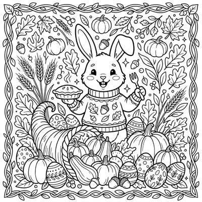 Dive into a uniquely charming coloring experience where the beloved Easter Bunny celebrates Thanksgiving amidst a rich harvest. This page is brimming with festive details, perfect for a cozy holiday creative session.