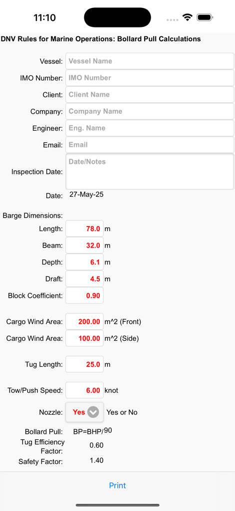 Tug kW Power - Modulo di calcolo del tiro al pagliolo per operazioni marittime nell'app mobile Tug kW Power.