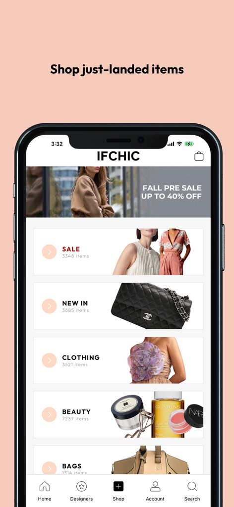 IFCHIC mobile app home screen featuring categories for luxury clothing, beauty, and designer bags with a seasonal sale banner.