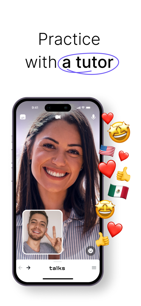 LANG: Learn New Languages - Écran de smartphone montrant une interface d'appel vidéo pour la pratique linguistique avec un tuteur et des emojis interactifs.