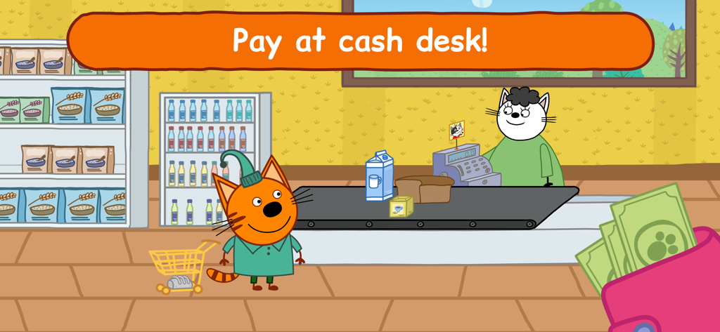 Kid-E-Cats: Supermarket Game! - A cartoon cat character at a supermarket checkout counter paying for groceries with a wallet and money shown on screen.