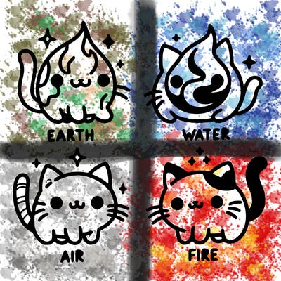 4 cats that represent the different elements, earth, water, air, and fire