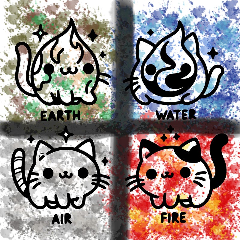 4 cats that represent the different elements, earth, water, air, and fire
