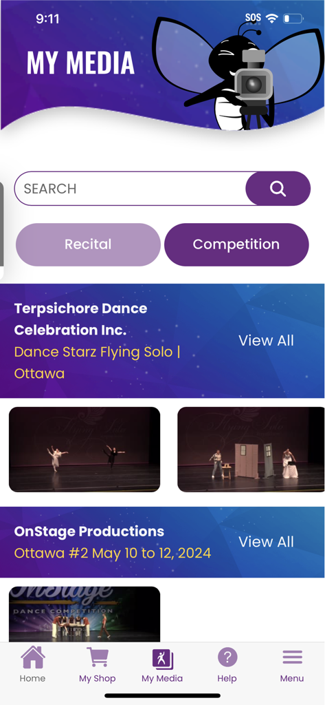DanceBUG - L'écran Mes Médias de l'application DanceBUG affichant une bibliothèque de photos et de vidéos de compétitions de danse