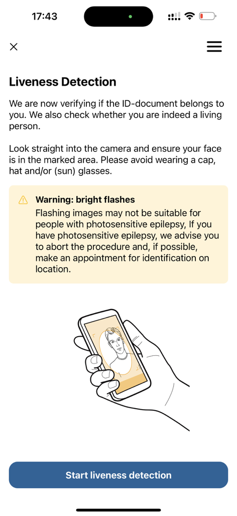 Identificatie-app AMP Groep - Liveness-Detection-Bildschirm mit Anweisungen zum Gesichtsscan für die Identitätsprüfung