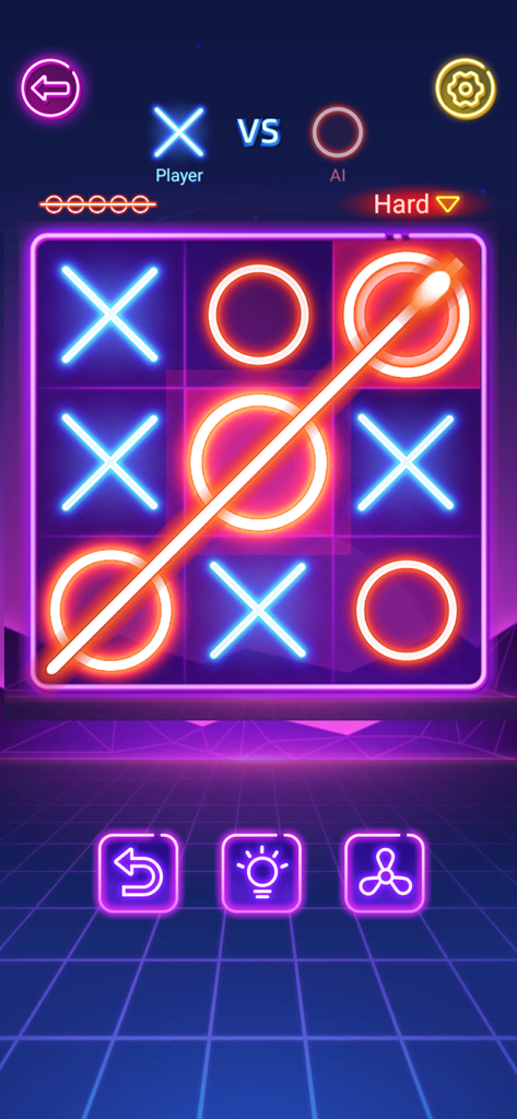 Tic Tac Toe - 2 Player Games - Neon Tic Tac Toe gameplay screen with glowing X and O symbols showing a diagonal win