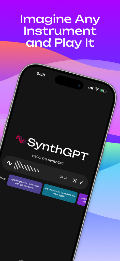 SynthGPT AI Piano App interface showing text to sound generation on a smartphone
