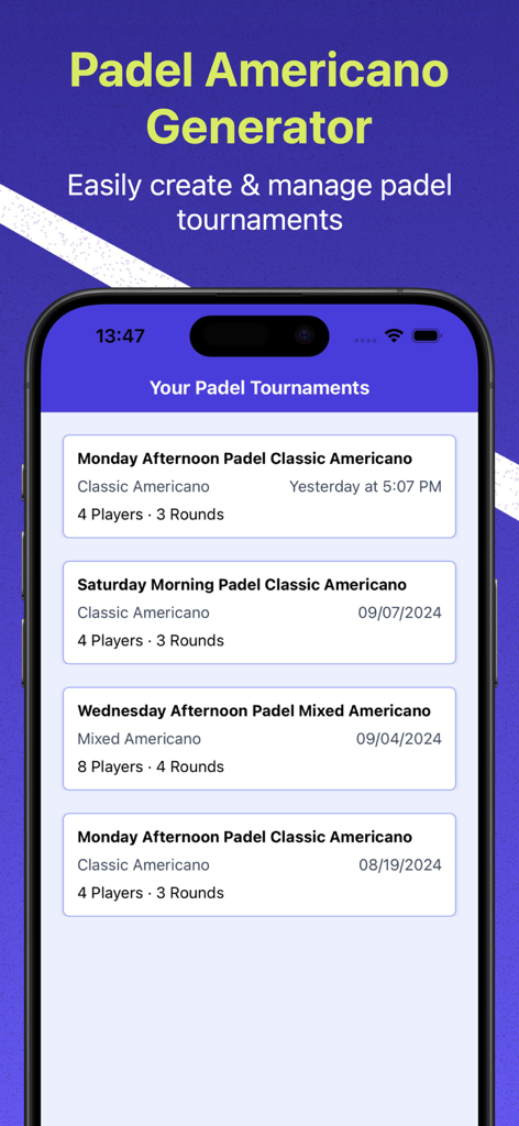 Dashboard dell'app Generatore Padel Americano che mostra un elenco di tornei di padel programmati con dettagli sui giocatori e sui round.