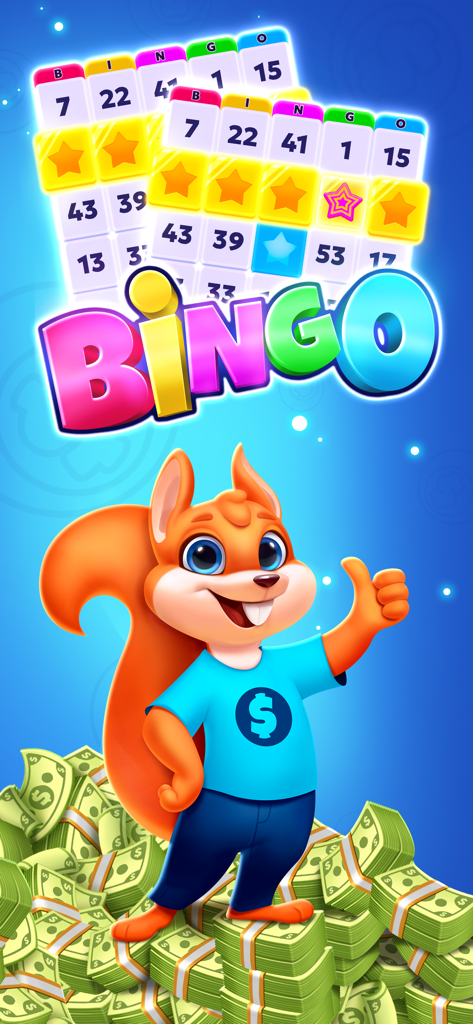 A cartoon mascot standing on a large pile of cash with bingo cards and the game logo