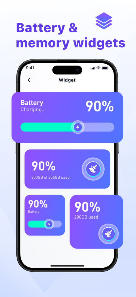 Photo Clean up:phone cleaner - Écran de smartphone montrant des widgets d'utilisation de la batterie et de la mémoire pour l'optimisation du stockage