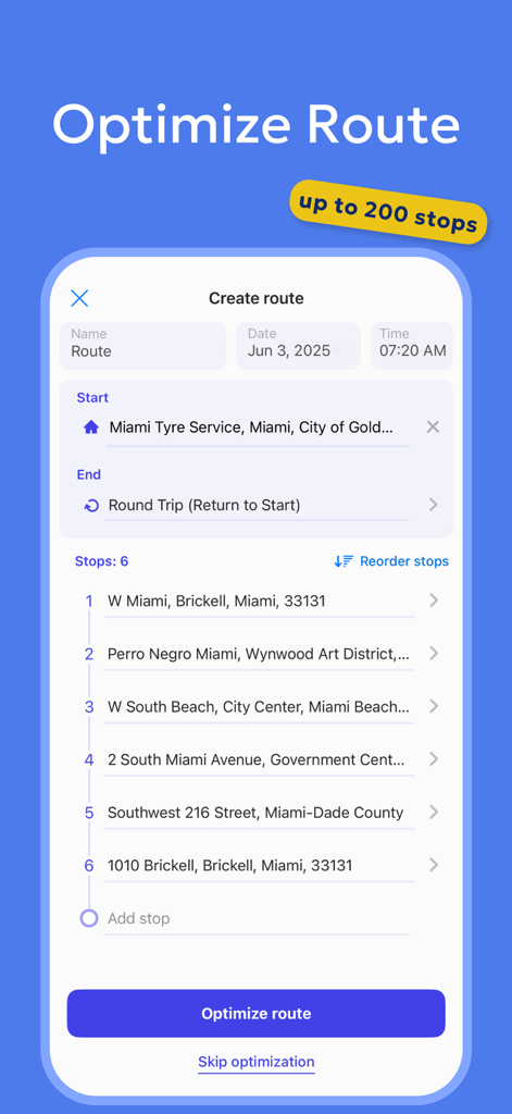 Optiway Multi Stop Planner - A screenshot of the Optiway app showing a list of delivery stops and the optimize route button.