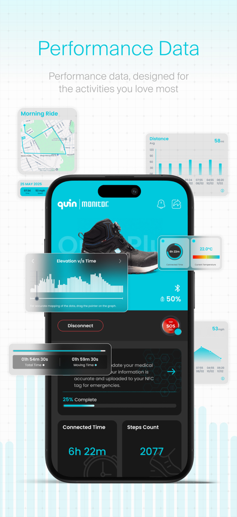 Quin Within - Quin Within app interface showing performance data with ride tracking map elevation charts distance metrics and activity statistics.