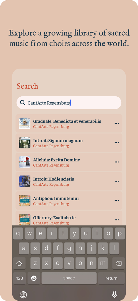 Chants - Catholic Sacred Music - Interfaz de búsqueda dentro de la aplicación Cantos mostrando una biblioteca de música sacra y cantos gregorianos de coros globales.