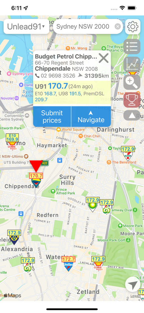 Map view of the Petrol Spy Australia app showing real time fuel prices at various petrol stations in Sydney