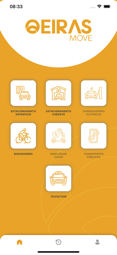 Oeiras Move - Home screen of the Oeiras Move app showing icons for parking, bike sharing, and electric vehicle charging.