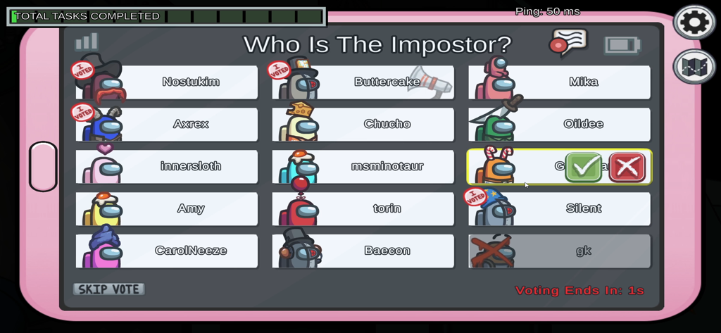 In-game voting screen in Among Us showing players discussing who the impostor is during a match.