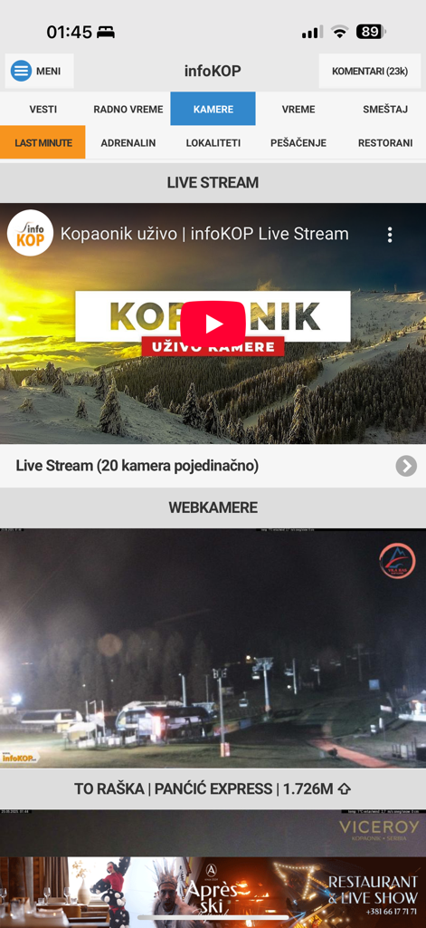 infoKOP - Oberfläche der infoKOP-App mit Live-Kamerastreams und Webcams des Kopaonik-Skigebiets
