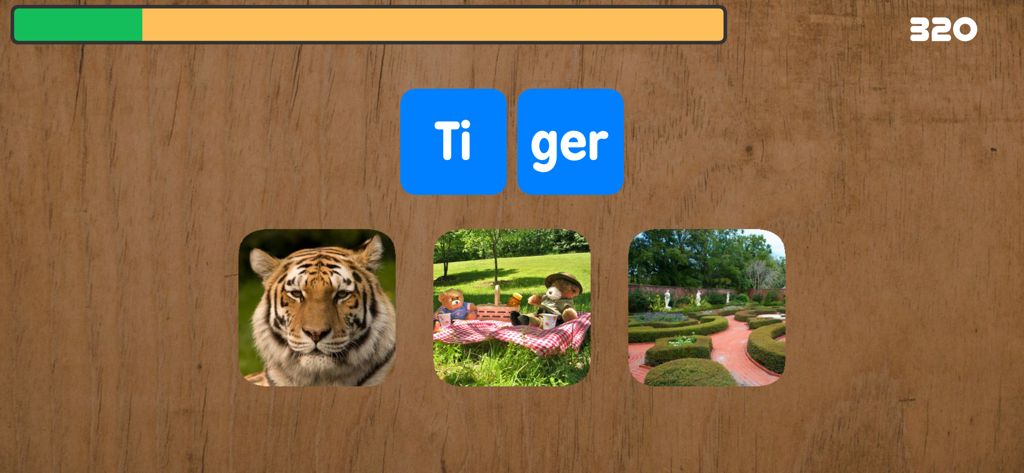 Silben lesen lernen - Benutzeroberfläche einer deutschen Lern-App, die das Wort Tiger in Silben aufteilt, mit Tierbildern zur Auswahl
