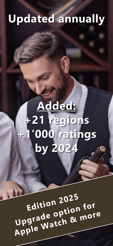 A sommelier holding a wine bottle with text overlay about the 2025 vintage rating guide updates and Apple Watch support