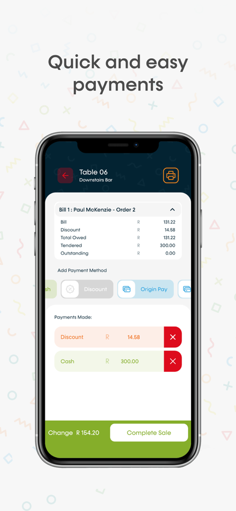 A mobile interface of Munch Go app showing a quick and easy payment screen with bill details, discount applied, and a complete sale button.