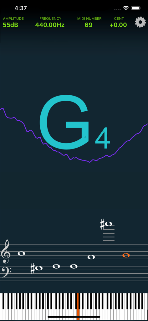 pitch analyzer app interface showing note detection frequency staff and piano keyboard