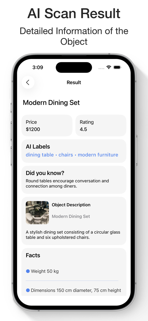 Reverse Image Search & AI Lens - AI scan result for a modern dining set showing price rating and object details