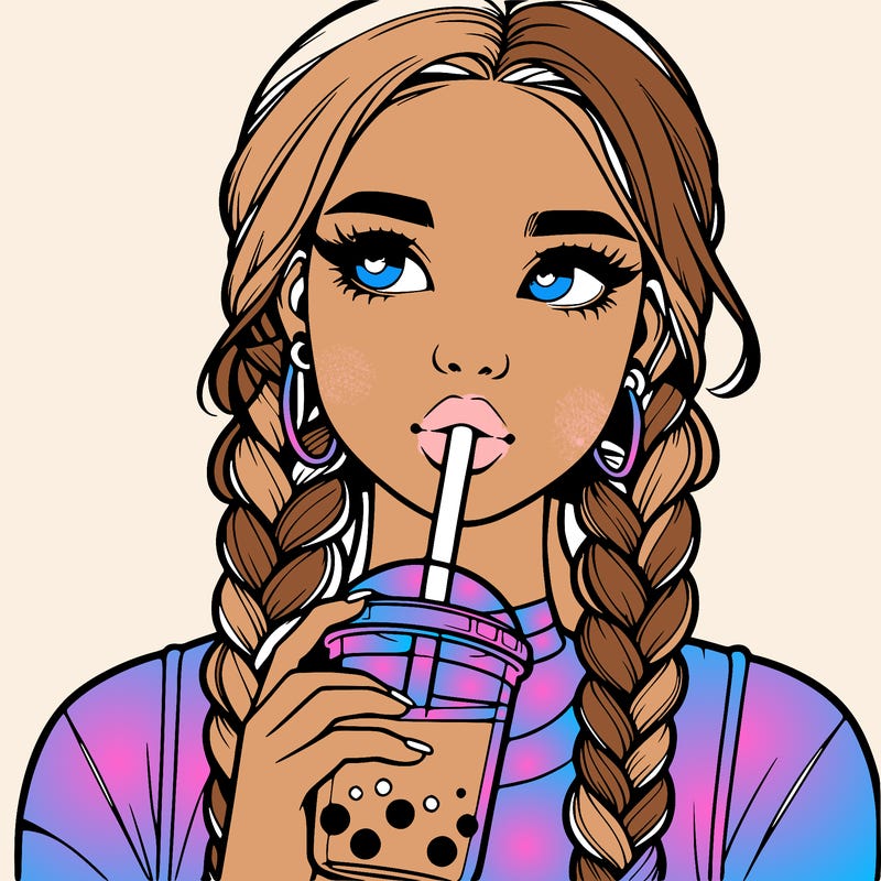 realistic girl with braided hair drinking boba