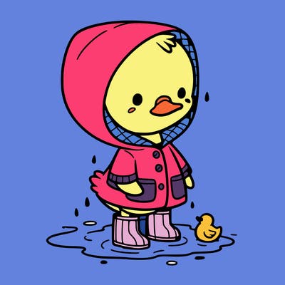 baby duck in a rain coat and boots, in a puddle while it’s raining