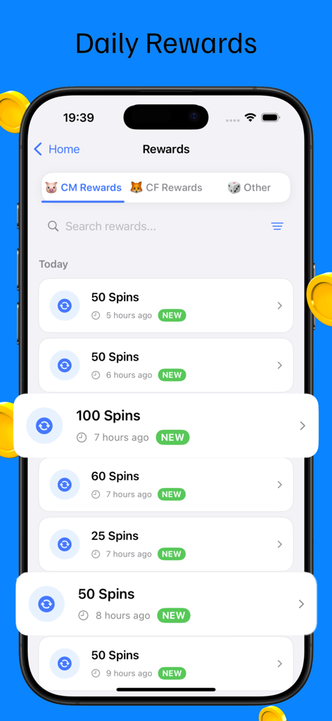 Rewards Master: Daily Bonuses - Mobile app screen showing a list of daily free spin rewards for social casino games