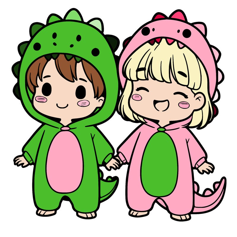 a girl and a boy in dinosaur onesies