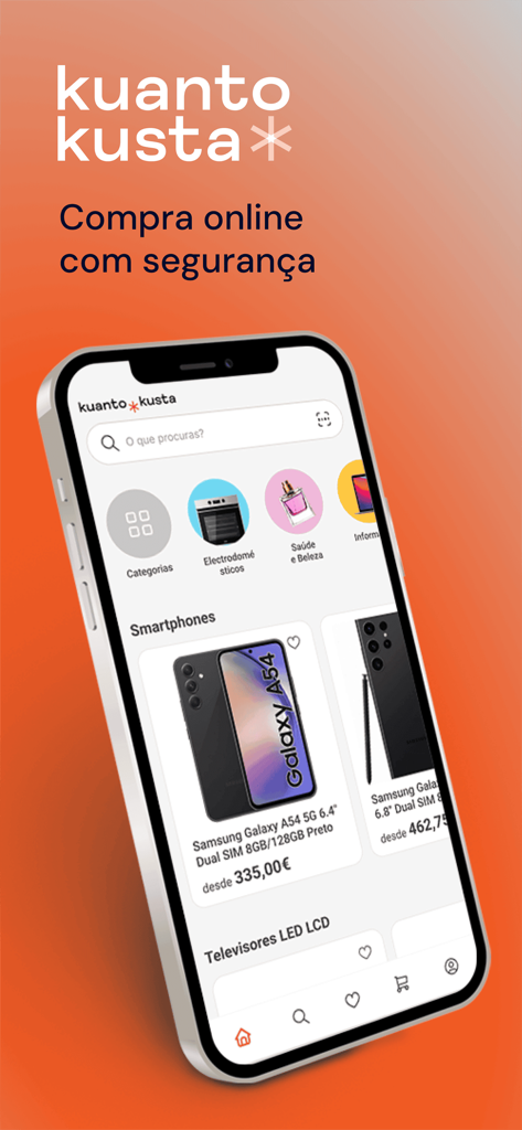 Kuantokusta - Pantalla de smartphone mostrando la aplicación de comparación de precios KuantoKusta con categorías de productos y listados de teléfonos inteligentes