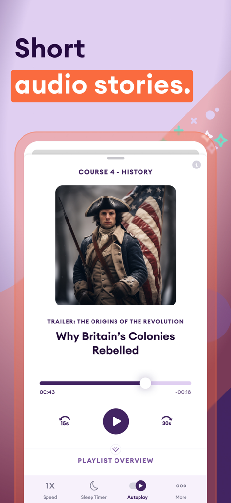 Interfaz de la aplicación Yuno que muestra una breve historia de audio sobre historia.