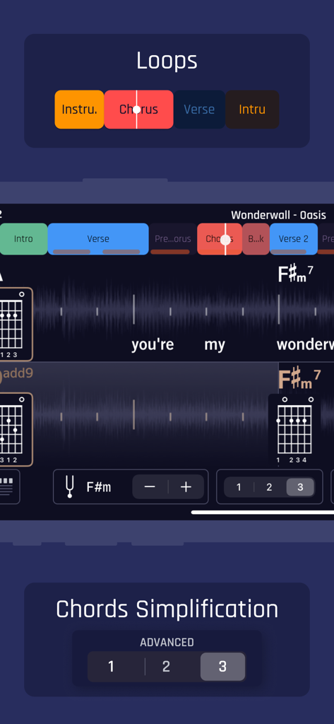 Jamzone App-Oberfläche mit Loop-Steuerelementen und Akkordvereinfachung für Gitarrenübungen