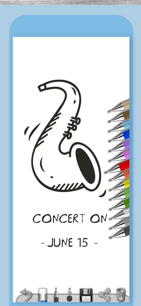 Notepad – organize ideas app - Digital notepad screen showing a saxophone drawing and concert reminder note