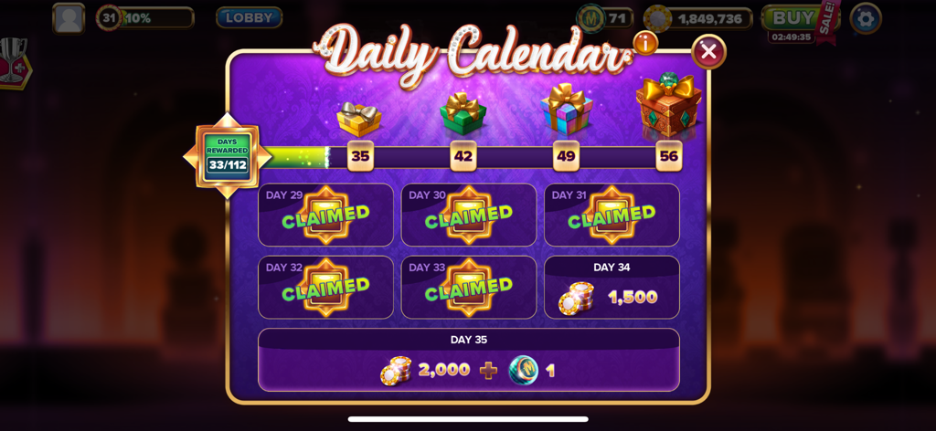 Grand Casino: Slots Games - Daily rewards calendar in the Grand Casino app showing daily bonuses and progress milestones