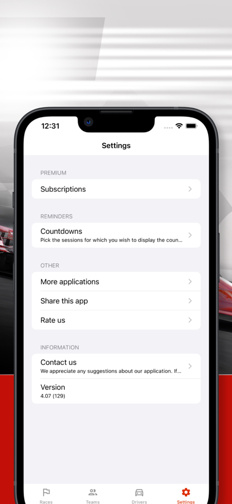 Settings screen of the Formula 2026 mobile app showing reminder and subscription options