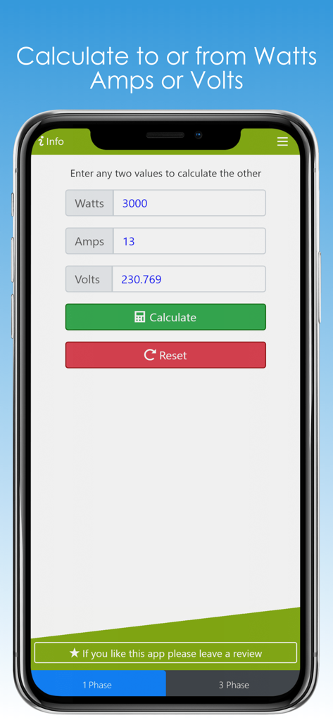 Interfaz de la aplicación Calculadora de Watts, Amperios y Voltios mostrando un cálculo eléctrico monofásico