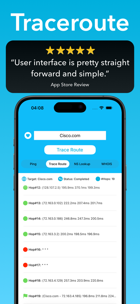 Pingers - Network Tools - Funzione traceroute dell'app Pingers che visualizza gli hop di rete e la latenza su iPhone